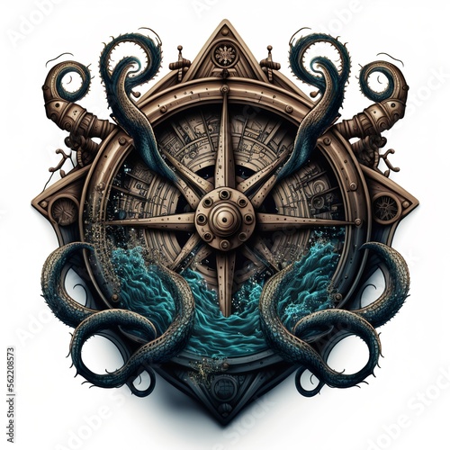 Nautical sailor deep sea logo with ship and steering wheel isolated design