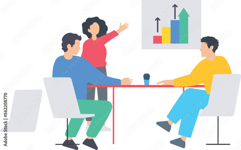 Woman presenting business presentation flat illustration, Business meeting team conference. presentation conference illustration, presenting charts and reports. Employees meeting at business training,