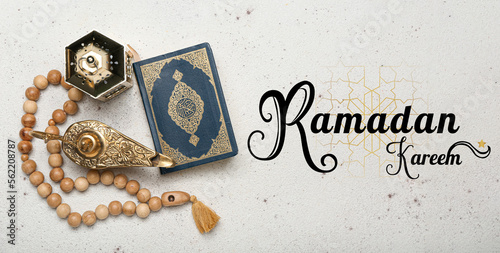 Greeting card for Ramadan celebration with Aladdin lamp of wishes, Muslim lantern, Quran and tasbih