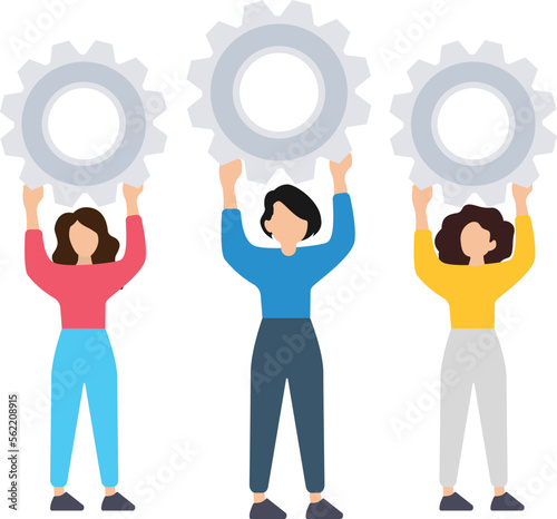 woman business organization with circle gear vector concept illustration mechanism teamwork. Skill job cooperation coworker person. Group company process development structure workforce flat illustrat