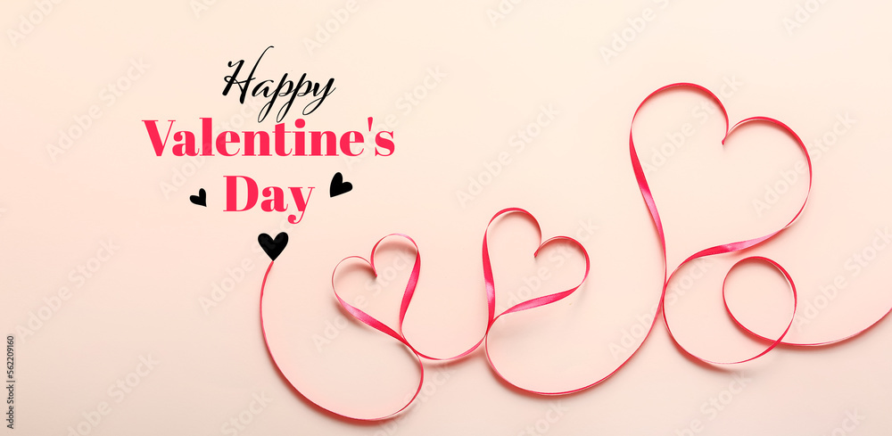 Banner for Valentine's Day with hearts made of ribbon on beige background