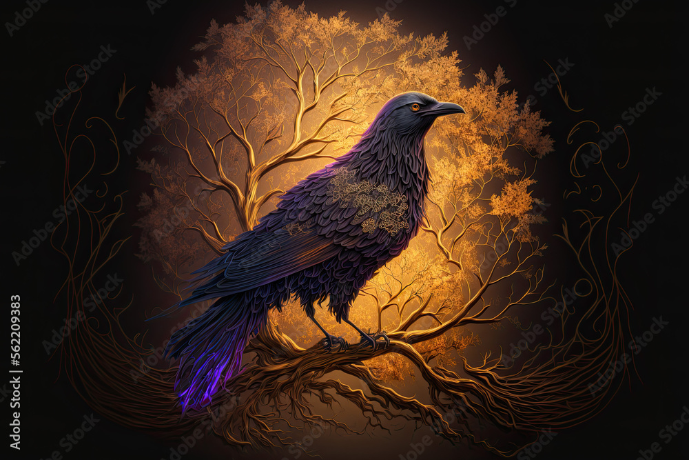 Fototapeta premium Fantasy portrait of a raven on a golden tree. Witch's bird. Dark illustration. Generative AI