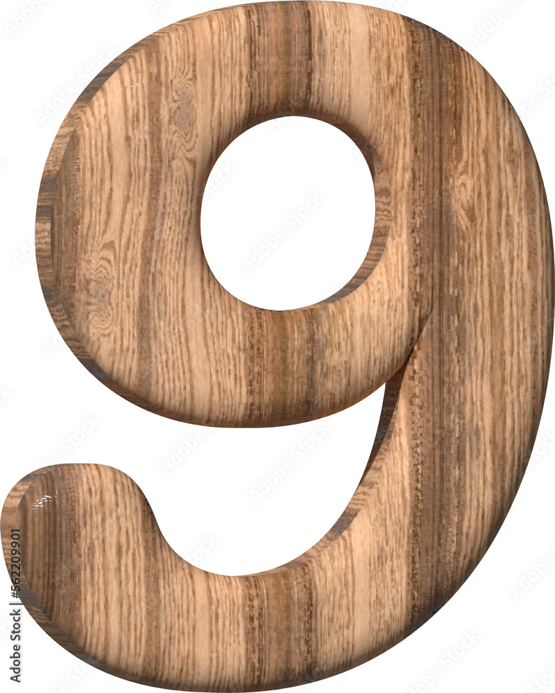 Wooden number 9 on a white background. 3d rendered digit nine with brown wood texture. 3d illustration. 3d rendering Wooden number 9 on a white background. 3d rendered digit nine with brown wood texture. 3d illustration. 3d rendering