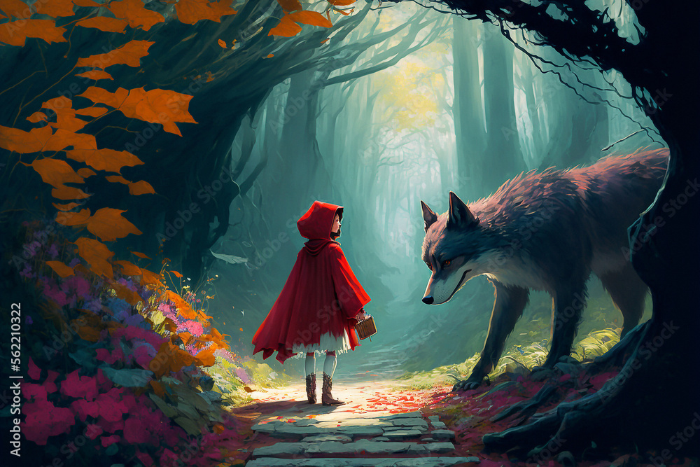 Little Red Riding Hood meets the wolf in the woods - obrazy, fototapety, plakaty 