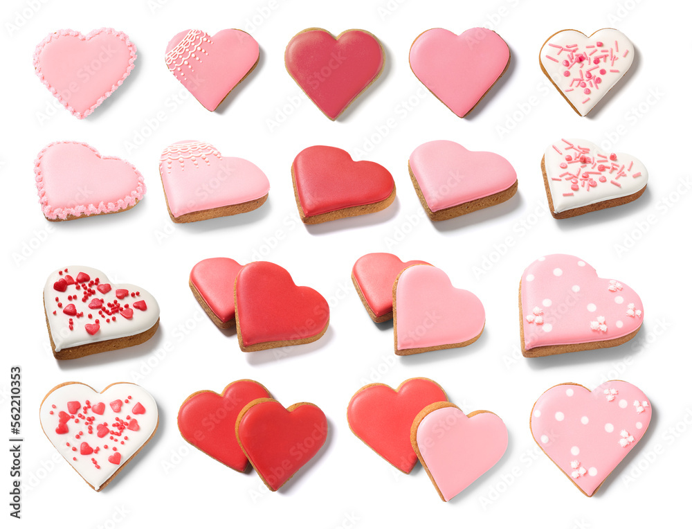 Set of delicious heart-shaped cookies for Valentine's Day on white background Set of delicious heart-shaped cookies for Valentine's Day on white background