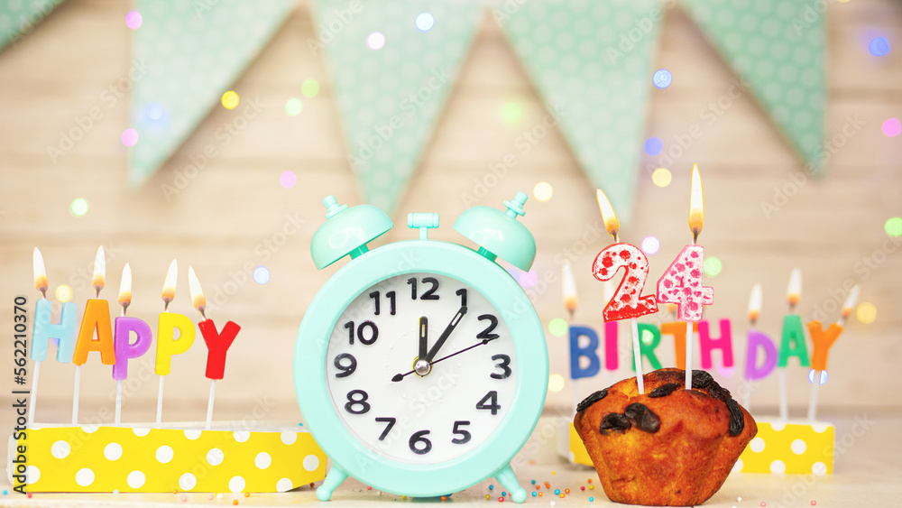 Happy birthday greeting card with muffin pie and retro clock on clock