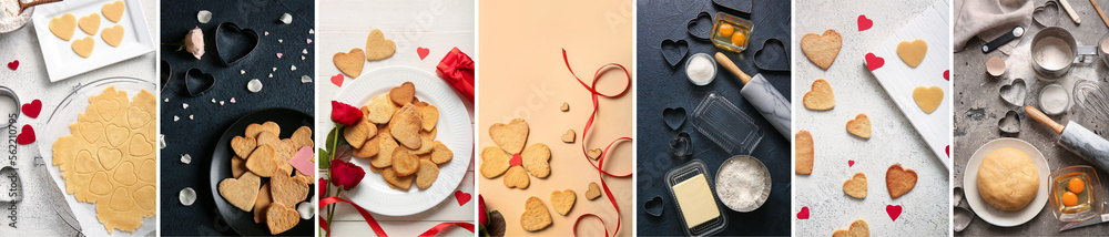 Set of heart shaped cookies with raw dough, ingredients and utensils on table Set of heart shaped cookies with raw dough, ingredients and utensils on table