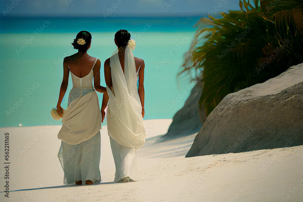 Braut und Braut spazieren nach homosexueller Hochzeit im Sonnenuntergang an einem traumhaft schönen Strand entlang - Ai generiert Braut und Braut spazieren nach homosexueller Hochzeit im Sonnenuntergang an einem traumhaft schönen Strand entlang - Ai generiert