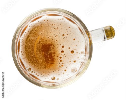 Mug of light beer top view isolated on white background, macro, lager beer, pils, pilsner