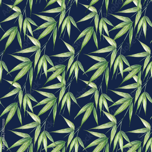 Hand-painted watercolor seamless pattern with bamboo branches and leaves on a dark-blue background. Printing design and fabric design. © OG Art Shop