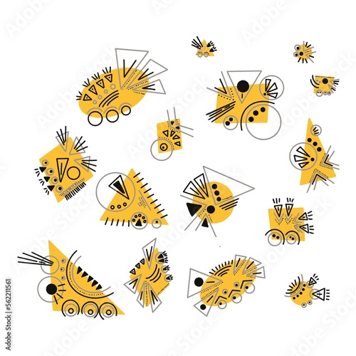 Set of abstract hand drawn elements for graphic design. Children s geometric elements. Funny figures  cars. Simple background in yellow  black  grey  colors. Set of lot of geometric shapes.