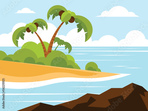 Sand beach with palm trees and bushes in the background of the ocean. Vector graphics