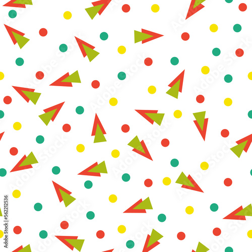 Seamless abstract geometric pattern. Yellow, red, green, white. Vector illustration. Triangles, circles, dots texture. Design for textile fabrics, wrapping paper, background, wallpaper, cover.