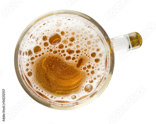 Mug of light beer top view isolated on white background, macro, lager beer, pils, pilsner