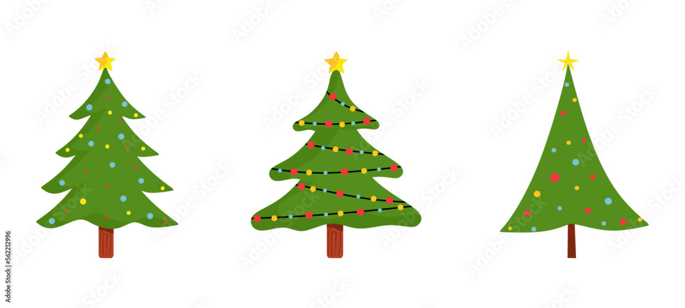 Set of Christmas trees in flat style isolated on white background, pines for greeting card, invitation, banner, web. Colorful winter trees collection for holiday xmas and new year. Vector illustration