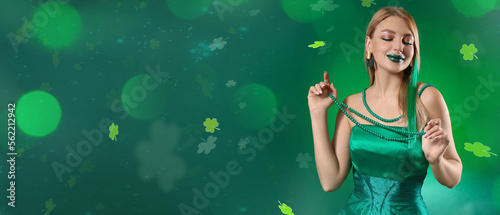 Beautiful young woman on green background with space for text. St. Patrick's Day © Pixel-Shot