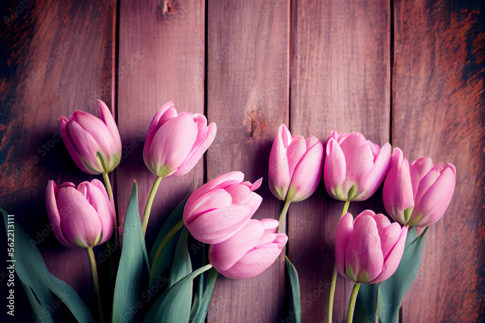 Wunderschöne rosa Tulpen auf rosa Holztisch mit Platzhalter. Perfekter Hintergrund für den Frühling, Valentinstag, Ostern, Geburtstag, Hochzeit, Muttertag und Weltfrauentag - Ai generiert