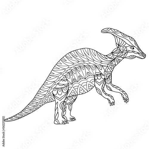Hand drawn dinosaur parasaurolophus walkeri. Coloring book page antistress for adults and children. Prehistoric doodle cartoon animal. Vector outline sketch illustration isolated on white background