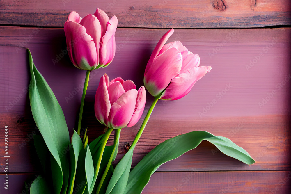 Wunderschöne rosa Tulpen auf rosa Holztisch mit Platzhalter. Perfekter Hintergrund für den Frühling, Valentinstag, Ostern, Geburtstag, Hochzeit, Muttertag und Weltfrauentag - Ai generiert