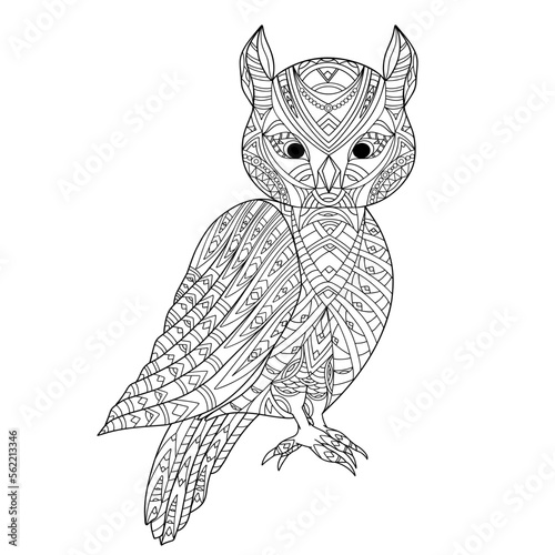 Hand drawn eagle owl. Coloring book page antistress with predatory bird for adults and children. Beautiful doodle cartoon animal. Vector outline sketch illustration isolated on white background