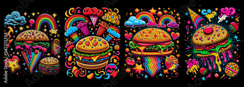 Set of surreal cartoon burgers. AI Generative..