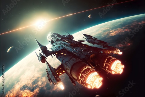 Spaceship fleet in space battle on colonization of distant alien planet illustration photo