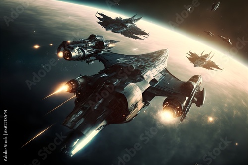 Capital ship in fleet in space battle on colonization of distant alien planet illustration photo