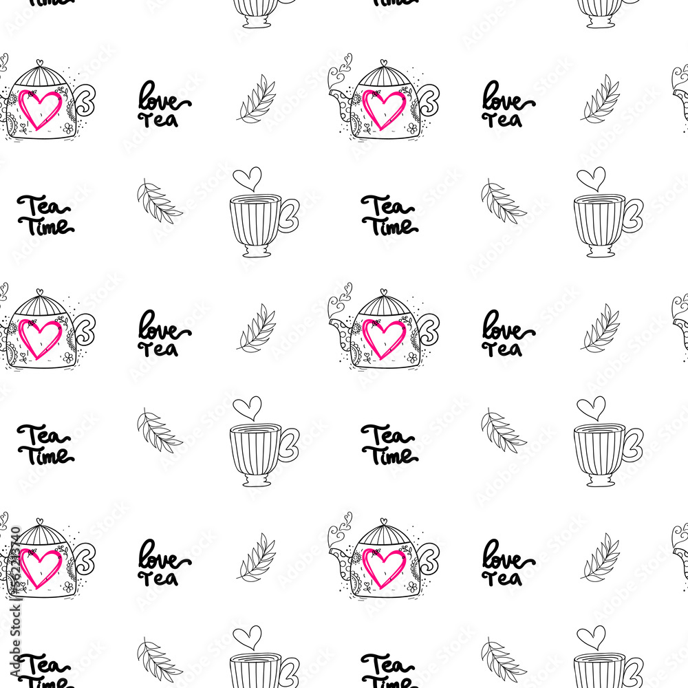 Abstract seamless pattern with teapot and cup of coffee. Repeat print outline kettle illustration. Tea time wrapping paper. Tea party cover ornament 