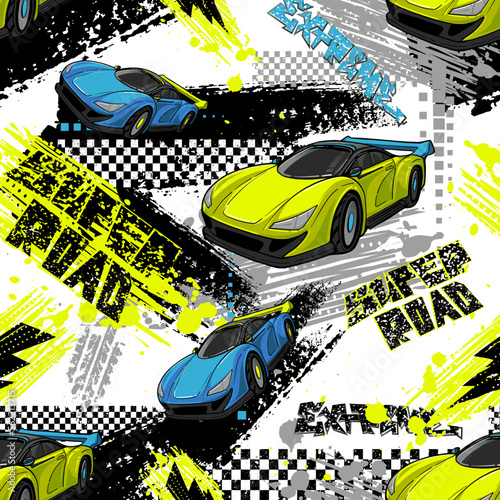 Abstract seamless pattern with blue and yellow sport car, text Speed, extreme, super. Chequered flag background. Repeat automobile ornament. Grunge background repeated print.