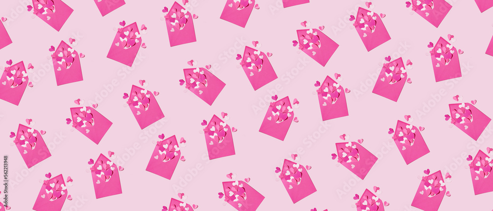 Envelopes with paper hearts on pink background. Pattern for design Envelopes with paper hearts on pink background. Pattern for design
