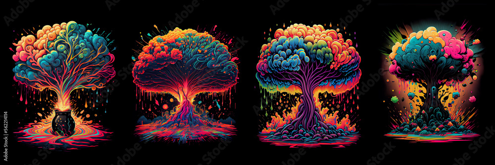 Set of psychedelic dripping cartoon nuclear explosion. Generative AI. - obrazy, fototapety, plakaty 