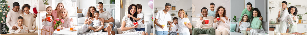 Collage of different families spending time together at home Collage of different families spending time together at home