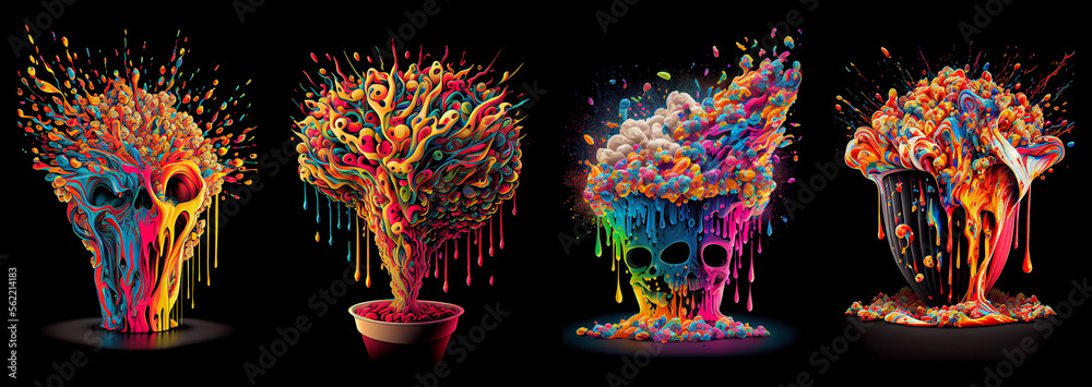 Set of exploding colorful pop corn. AI Generative.