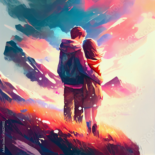 a couple embracing looking at the view of the mountains