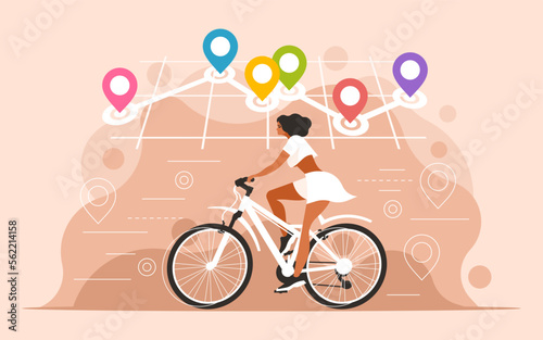 Navigation with location pin. Fitness and Tracking. Woman rides a bicycle and tracks her location