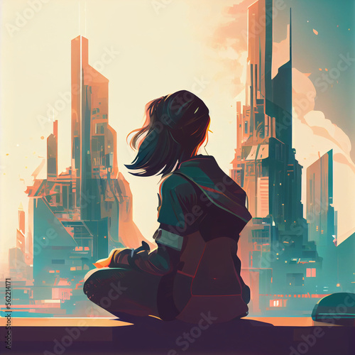 a girl looking at the landscape of a futuristic city