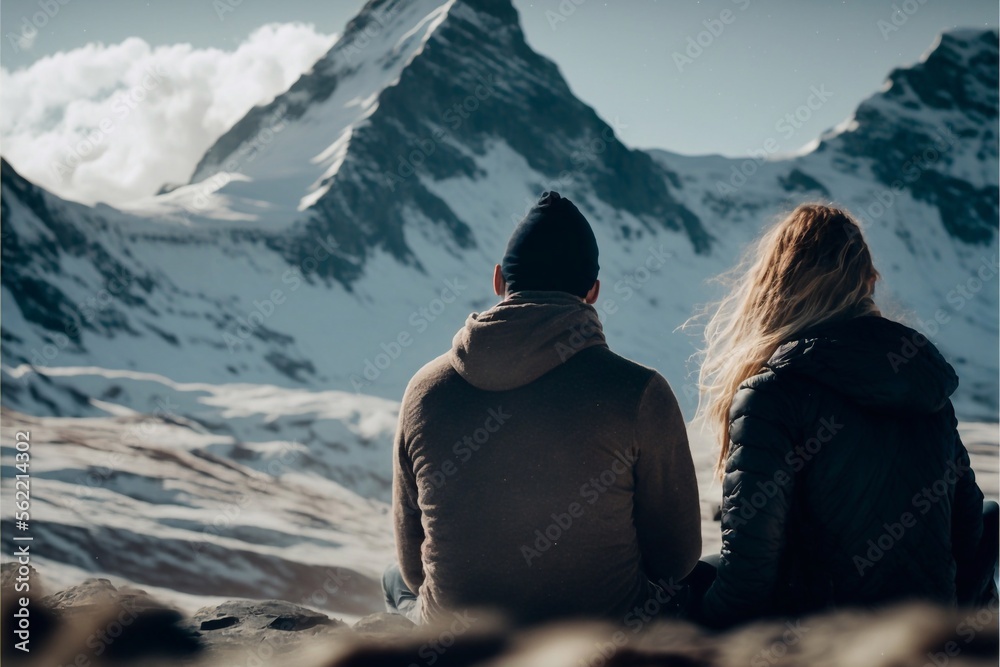 couple sitting at the top of a snow mountain, destination, vacation, hiking, peace, Generative AI couple sitting at the top of a snow mountain, destination, vacation, hiking, peace, Generative AI