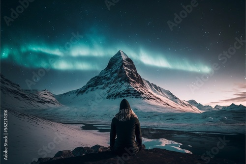 woman sitting in front of a mountain looking at the northern lights, generative AI