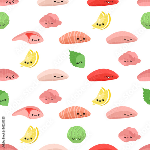 Seamless pattern with sashimi characters vector illustration isolated on white background. Cute pieces of raw fish with lemon, wasabi, ginger and shiso leaves 