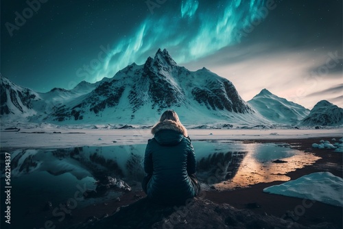 woman sitting in front of a mountain looking at the northern lights, generative AI