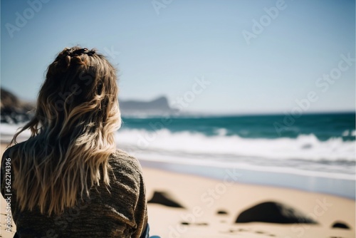 woman sitting in front of the beach, Generative AI