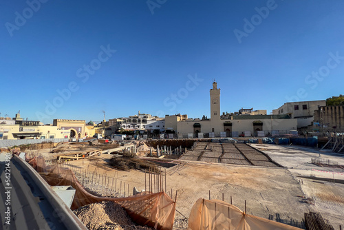 Underground parking lot under construction next to the blue gate in the medina of Fez