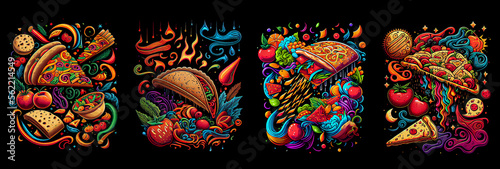 Set of Mexican fast food on black background. Generative AI.