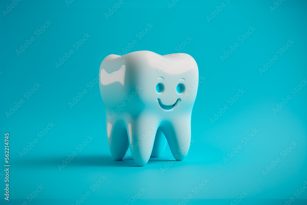 Tooth mockup with a smile on a blue background. Concept for the day of the dentist. Generative AI Tooth mockup with a smile on a blue background. Concept for the day of the dentist. Generative AI