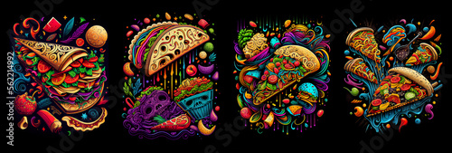 Set of Mexican fast food on black background. Generative AI.