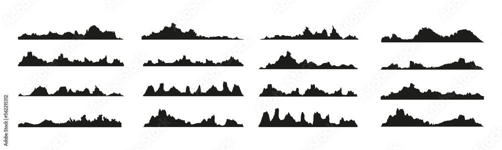 Mountains silhouettes on the white background. Wide semi-detailed panoramic silhouettes of highlands, mountains and rocky landscapes. Isolated Row of Mountains in Vector