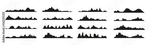 Mountains silhouettes on the white background. Wide semi-detailed panoramic silhouettes of highlands, mountains and rocky landscapes. Isolated Row of Mountains in Vector