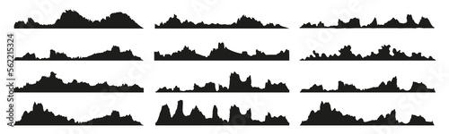 Mountains silhouettes on the white background. Wide semi-detailed panoramic silhouettes of highlands, mountains and rocky landscapes. Isolated Row of Mountains in Vector