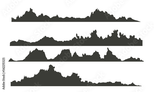 Mountains silhouettes on the white background. Wide semi-detailed panoramic silhouettes of highlands  mountains and rocky landscapes. Isolated Row of Mountains in Vector