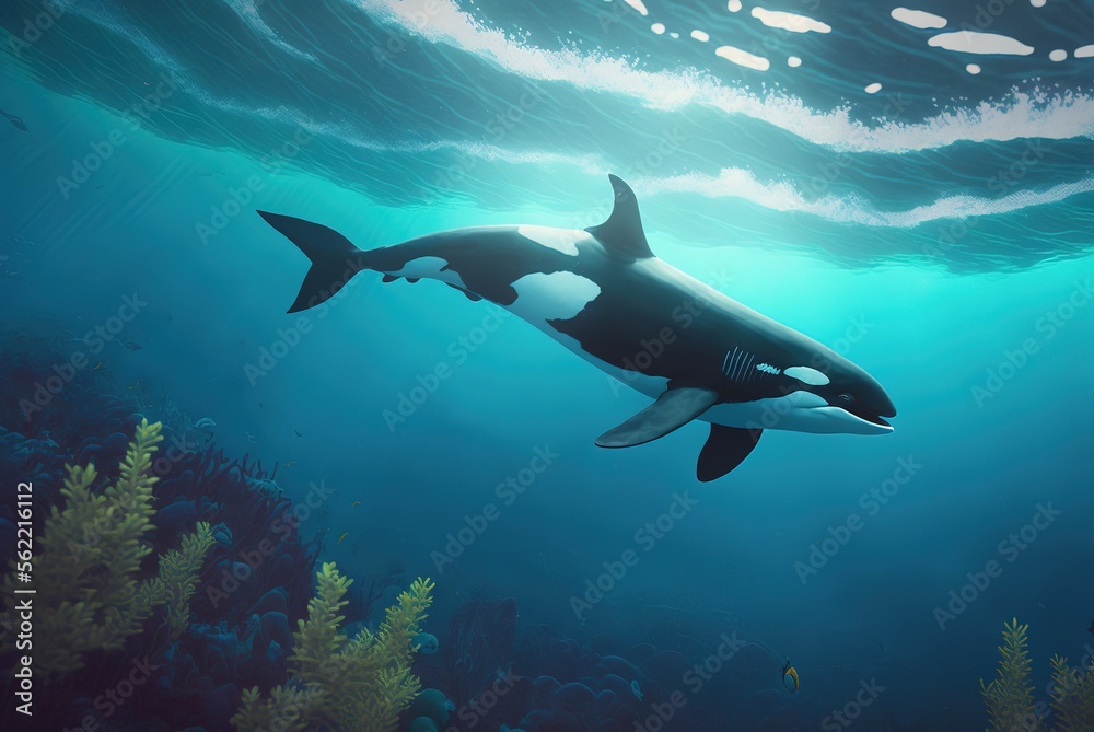 Obraz premium Orca swimming underwater in ocean generative AI